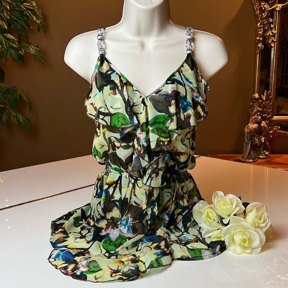 💚LAPIS V NECK TOP WITH BEADS ON STRAPS - RUFFLES FRONT - SIZE MEDIUM